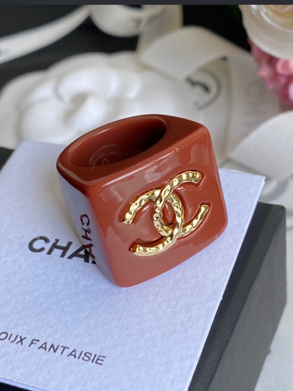 Double C Designer Acrylic Monogram Square Brown Gold Ring Size 7